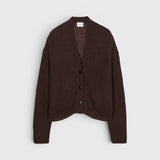 JONES + CO mahogany brown V-neck cardigan in alpaca-blend knit with front button closure and ribbed trim