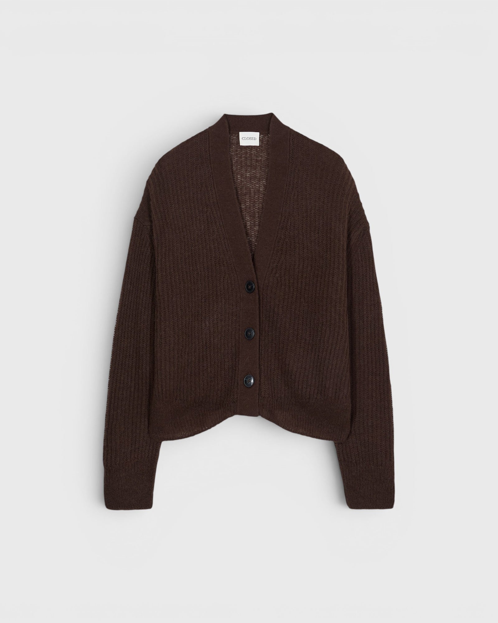 JONES + CO mahogany brown V-neck cardigan in alpaca-blend knit with front button closure and ribbed trim