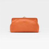 JONES + CO Manuela Classic Clutch in orange vegetable-tanned cowhide leather with vintage clasp and embossed logo.