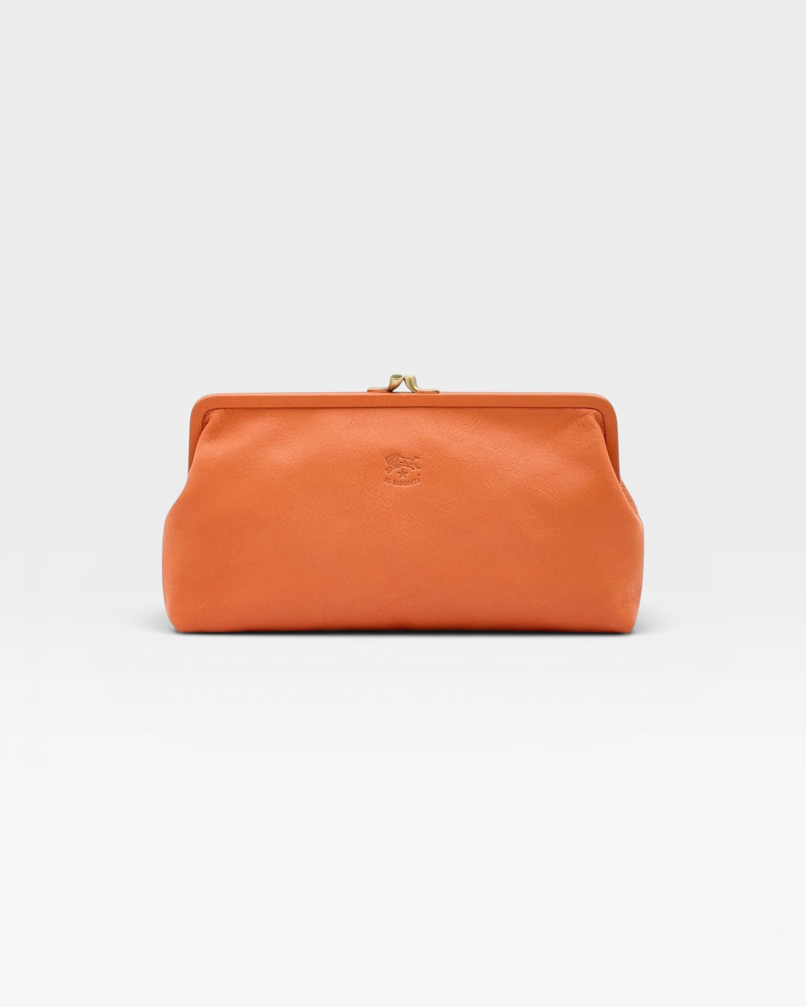 JONES + CO Manuela Classic Clutch in orange vegetable-tanned cowhide leather with vintage clasp and embossed logo.