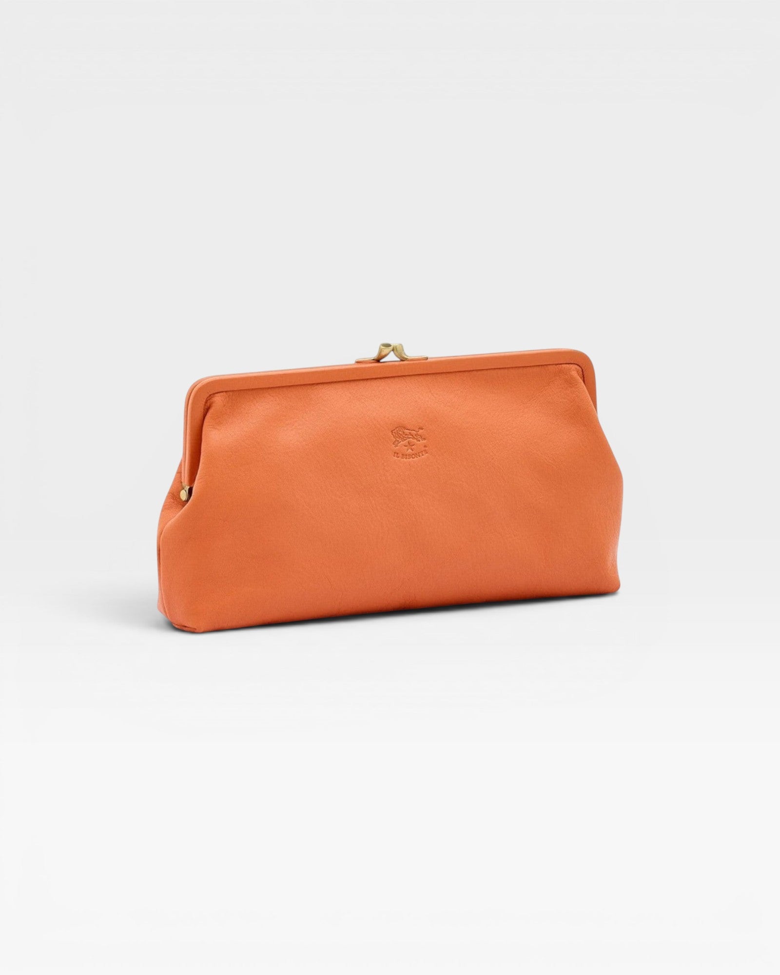 JONES + CO Manuela Classic Clutch in orange vegetable-tanned cowhide leather with vintage clasp and embossed logo.