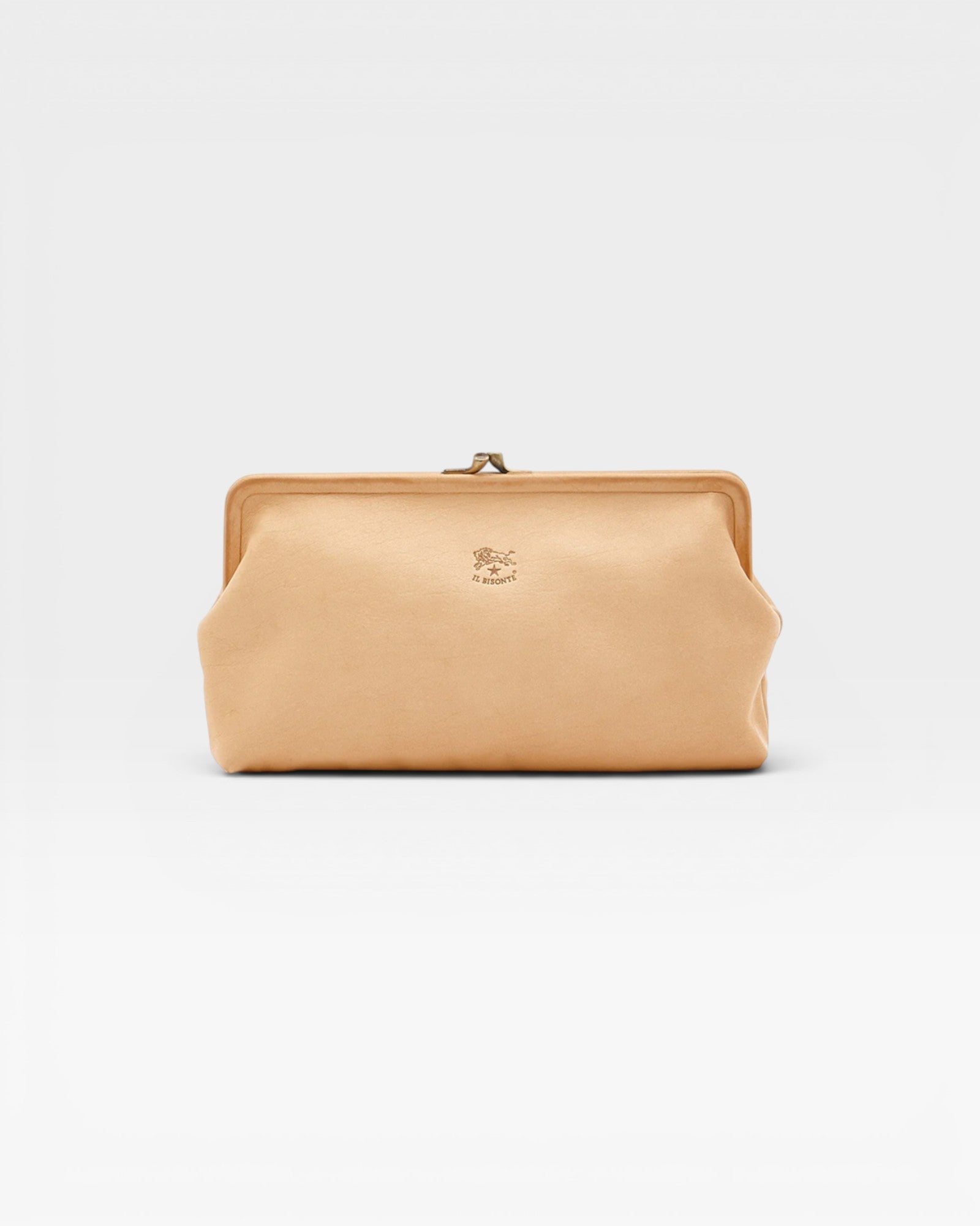 JONES + CO Manuela Classic Clutch in natural vegetable-tanned cowhide leather with vintage clasp and cotton canvas lining.