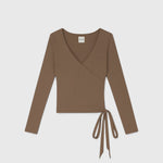 JONES + CO Margot wrap top in bark brown ribbed knit with long sleeves and a side tie closure.