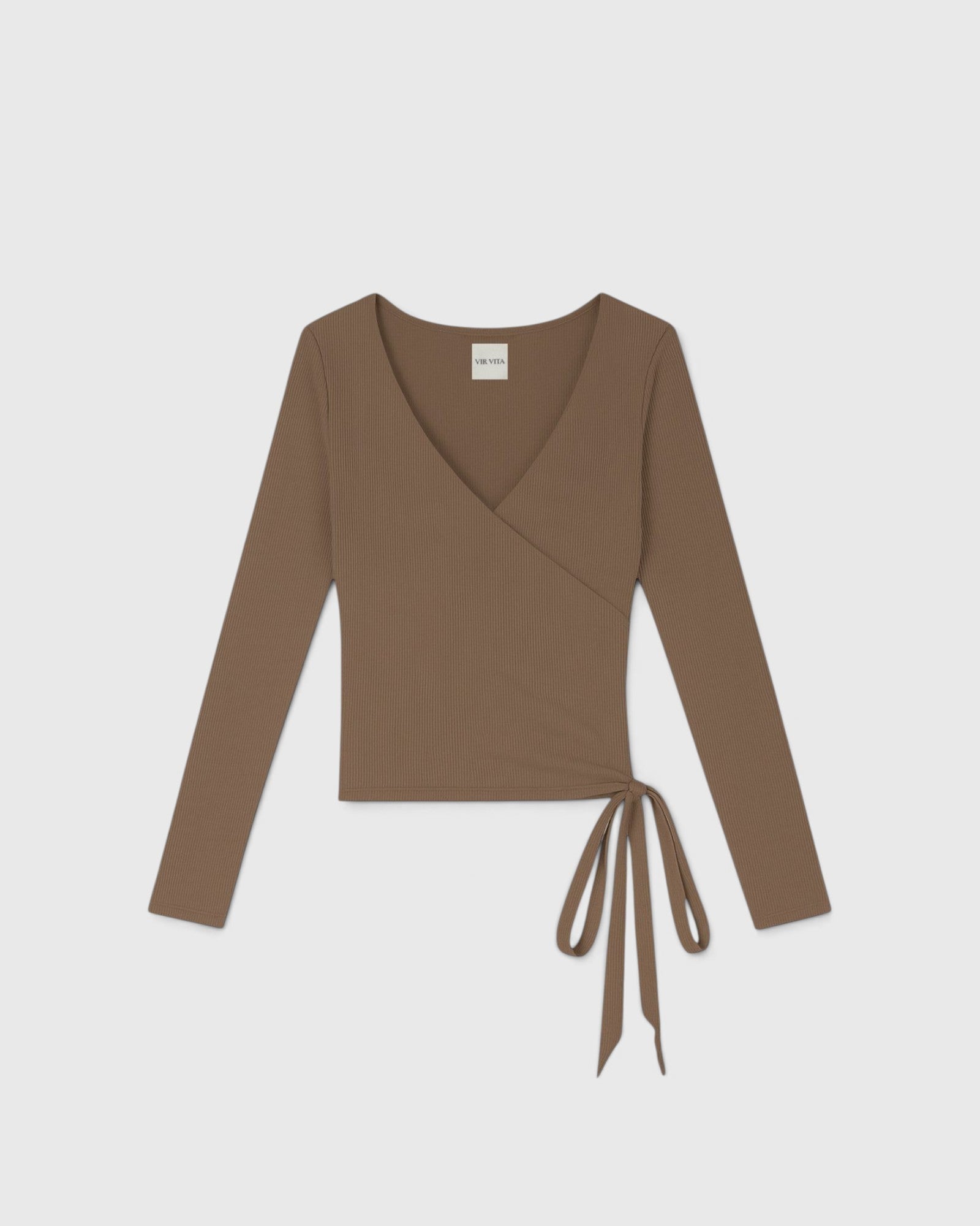 JONES + CO Margot wrap top in bark brown ribbed knit with long sleeves and a side tie closure.