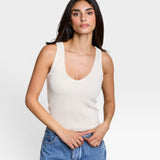 JONES + CO Maria V Neck Tank in Sugar. Ribbed fabric, v-neckline, sleeveless tank top.