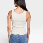 JONES + CO Maria V Neck tank top in sugar white, ribbed fabric, sleeveless design.