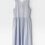JONES + CO Marianne blue and white striped midi dress with half-button front and shirred skirt.