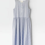 JONES + CO Marianne blue and white striped midi dress with half-button front and shirred skirt.