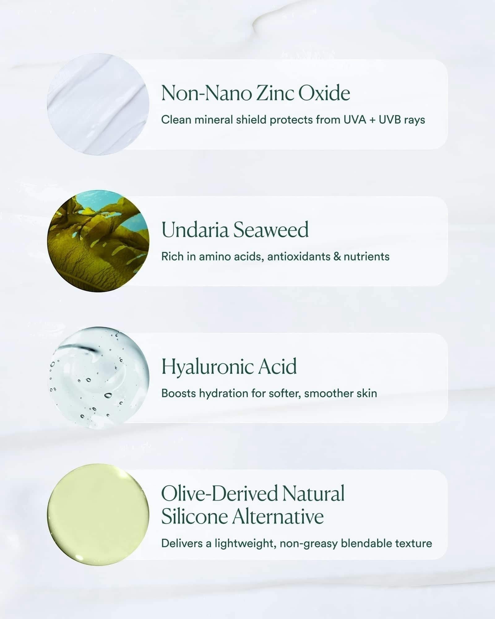 JONES + CO Marine Screen SPF 50 Mineral Sunscreen with non-nano zinc oxide, undaria seaweed, and hyaluronic acid.