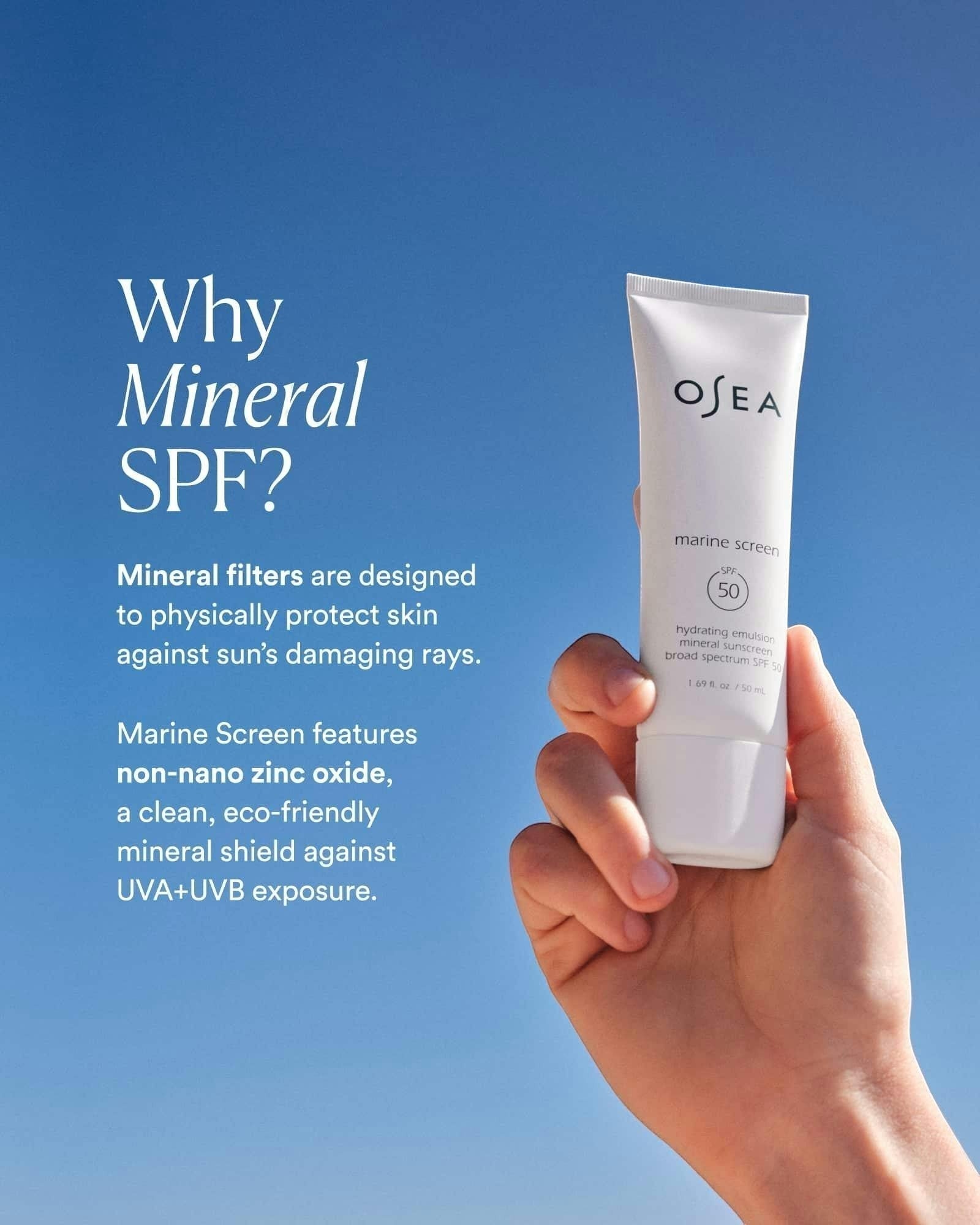 JONES + CO Marine Screen SPF 50 Mineral Sunscreen tube held against a blue sky. Features non-nano zinc oxide.