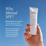 JONES + CO Marine Screen SPF 50 Mineral Sunscreen tube held against a blue sky. Features non-nano zinc oxide.