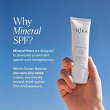 JONES + CO Marine Screen SPF 50 Mineral Sunscreen tube held against a blue sky. Features non-nano zinc oxide.