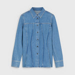 JONES + CO mid-blue denim shirt with curved seaming, pointed collar, button-front, and long sleeves.