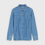 JONES + CO mid-blue denim shirt with curved seaming, pointed collar, button-front, and long sleeves.