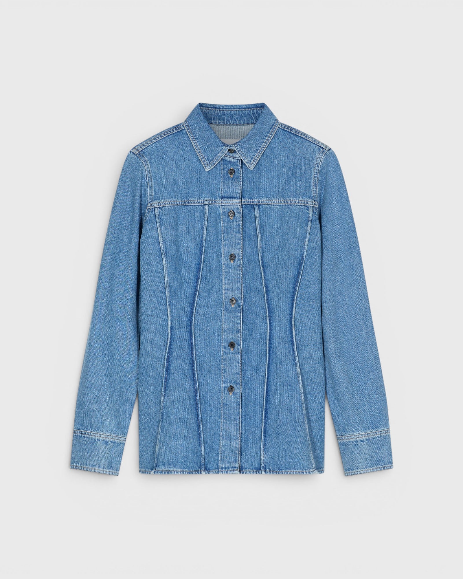 JONES + CO mid-blue denim shirt with curved seaming, pointed collar, button-front, and long sleeves.