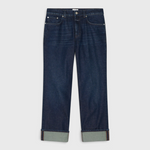 JONES + CO Milo dark blue stretch denim jeans with a mid-rise waist, straight cropped leg, and rolled-up hems.