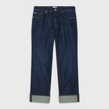 JONES + CO Milo dark blue stretch denim jeans with a mid-rise waist, straight cropped leg, and rolled-up hems.