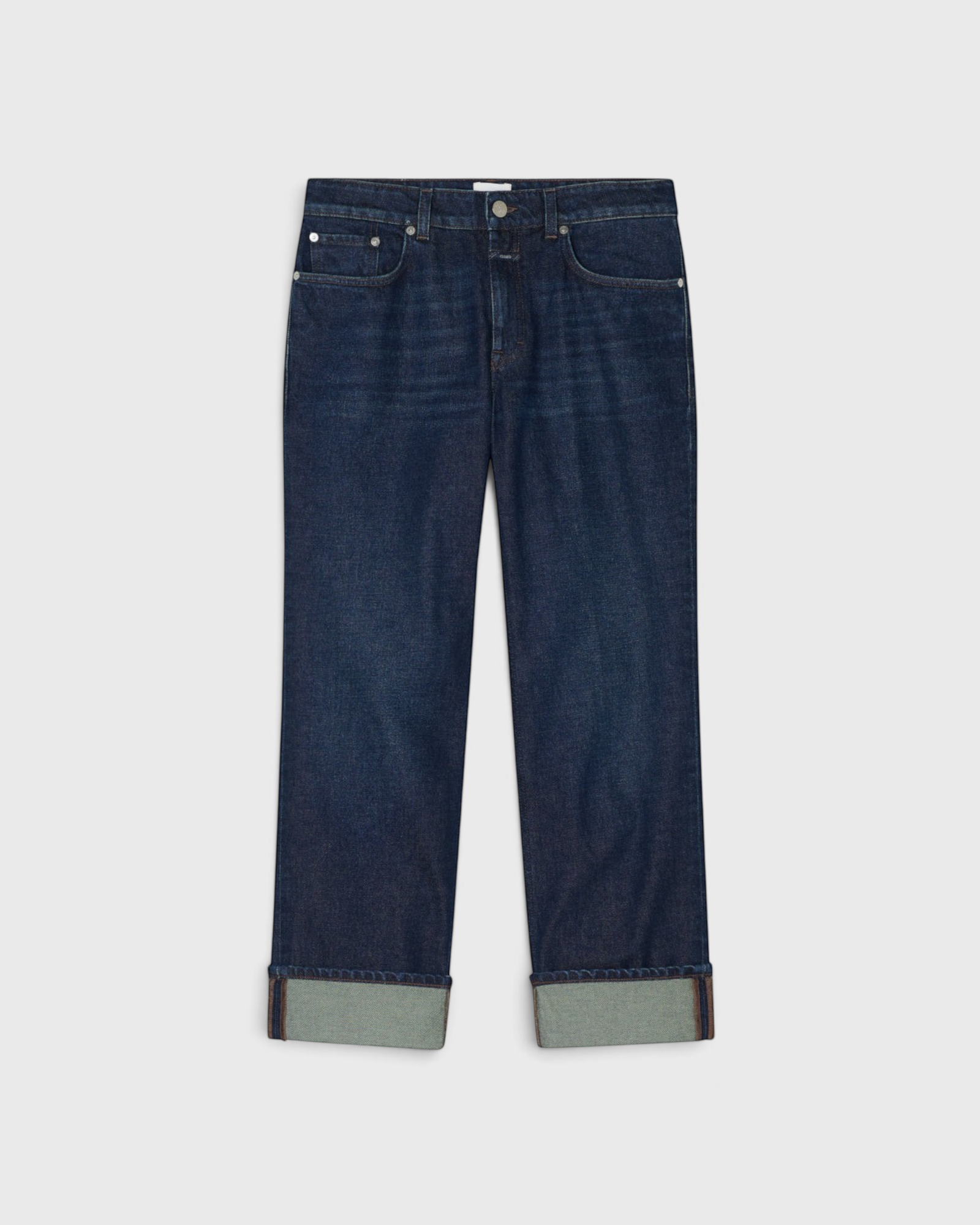 JONES + CO Milo dark blue stretch denim jeans with a mid-rise waist, straight cropped leg, and rolled-up hems.