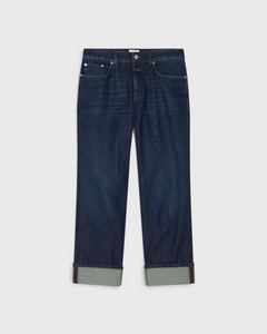 JONES + CO Milo dark blue stretch denim jeans with a mid-rise waist, straight cropped leg, and rolled-up hems.