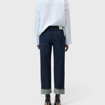JONES + CO Milo dark blue stretch denim jeans with a mid-rise waist, straight cropped leg, and rolled-up hems.