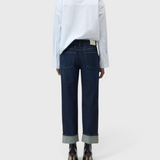JONES + CO Milo dark blue stretch denim jeans with a mid-rise waist, straight cropped leg, and rolled-up hems.