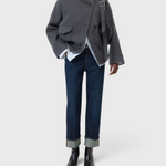 JONES + CO Milo dark blue denim jeans with a mid-rise waist, straight cropped leg, and rolled-up hems.