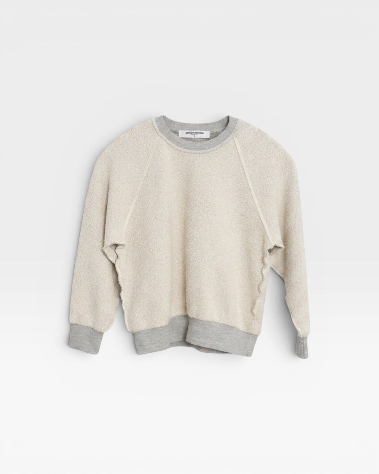 JONES + CO Mini Ziggy sweatshirt in heather grey soft cotton fleece with an inside-out heritage design.