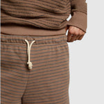 JONES + CO Bennie shorts in mocha and charcoal stripe french terry cotton with an elastic waistband and drawcord