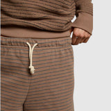 JONES + CO Bennie shorts in mocha and charcoal stripe french terry cotton with an elastic waistband and drawcord