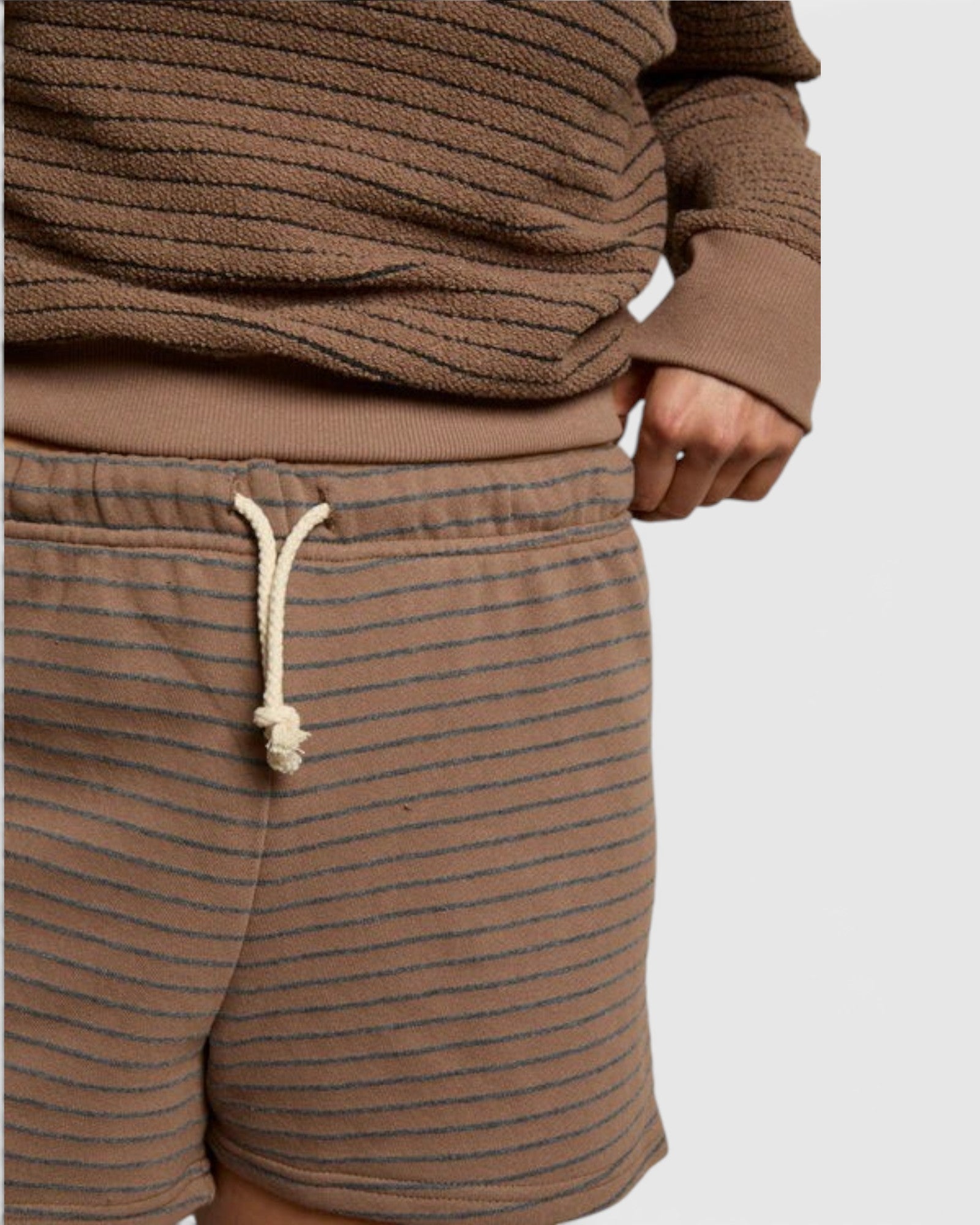 JONES + CO Bennie shorts in mocha and charcoal stripe french terry cotton with an elastic waistband and drawcord