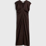 JONES + CO Monde black coffee maxi dress with V-neck, front zip, and fluid draped bias-cut viscose blend fabric.