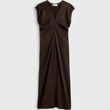 JONES + CO Monde black coffee maxi dress with V-neck, front zip, and fluid draped bias-cut viscose blend fabric.