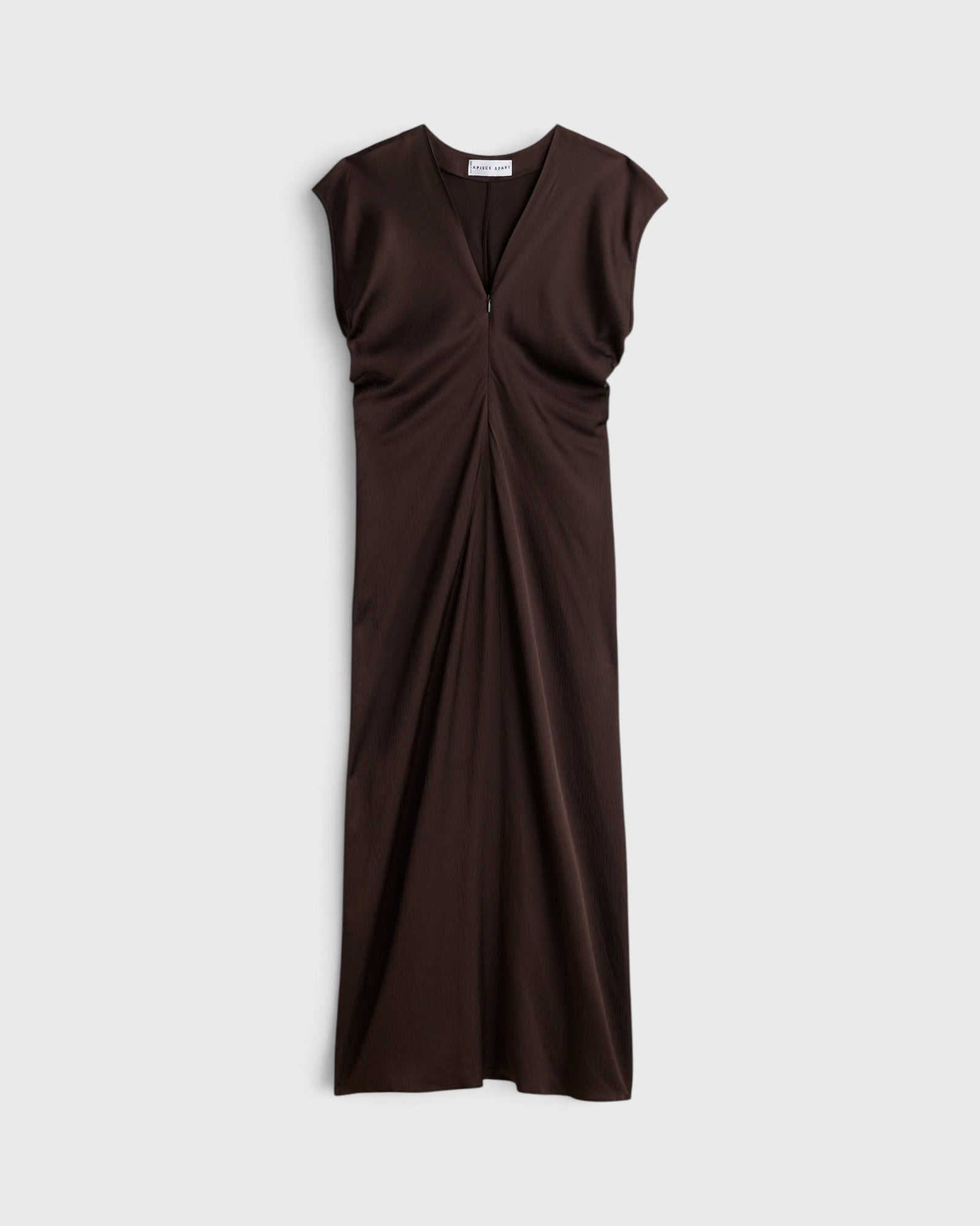 JONES + CO Monde black coffee maxi dress with V-neck, front zip, and fluid draped bias-cut viscose blend fabric.