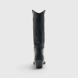 JONES + CO Monty black leather knee-high boot with curved shaft, pull tabs, and angled block heel, back view.