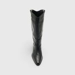 JONES + CO Monty black leather knee-high boot with a curved shaft, pointed toe, and pull tabs, front view.
