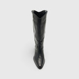JONES + CO Monty black leather knee-high boot with a curved shaft, pointed toe, and pull tabs, front view.