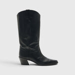 JONES + CO Monty black leather knee-high boot with a curved shaft, pull tabs, pointed toe, and angled block heel.