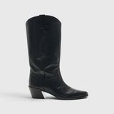 JONES + CO Monty black leather knee-high boot with a curved shaft, pull tabs, pointed toe, and angled block heel.