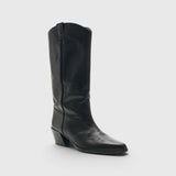 JONES + CO Monty black leather knee-high boot with a curved shaft, pull tabs, pointed toe, and angled block heel.