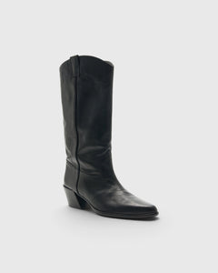 JONES + CO Monty black leather knee-high boot with a curved shaft, pull tabs, pointed toe, and angled block heel.