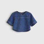 JONES + CO Fort Top in muddy indigo Sonoma denim with a boxy silhouette, short sleeves, and back keyhole opening.