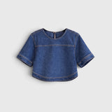 JONES + CO Fort Top in muddy indigo Sonoma denim with a boxy silhouette, short sleeves, and back keyhole opening.