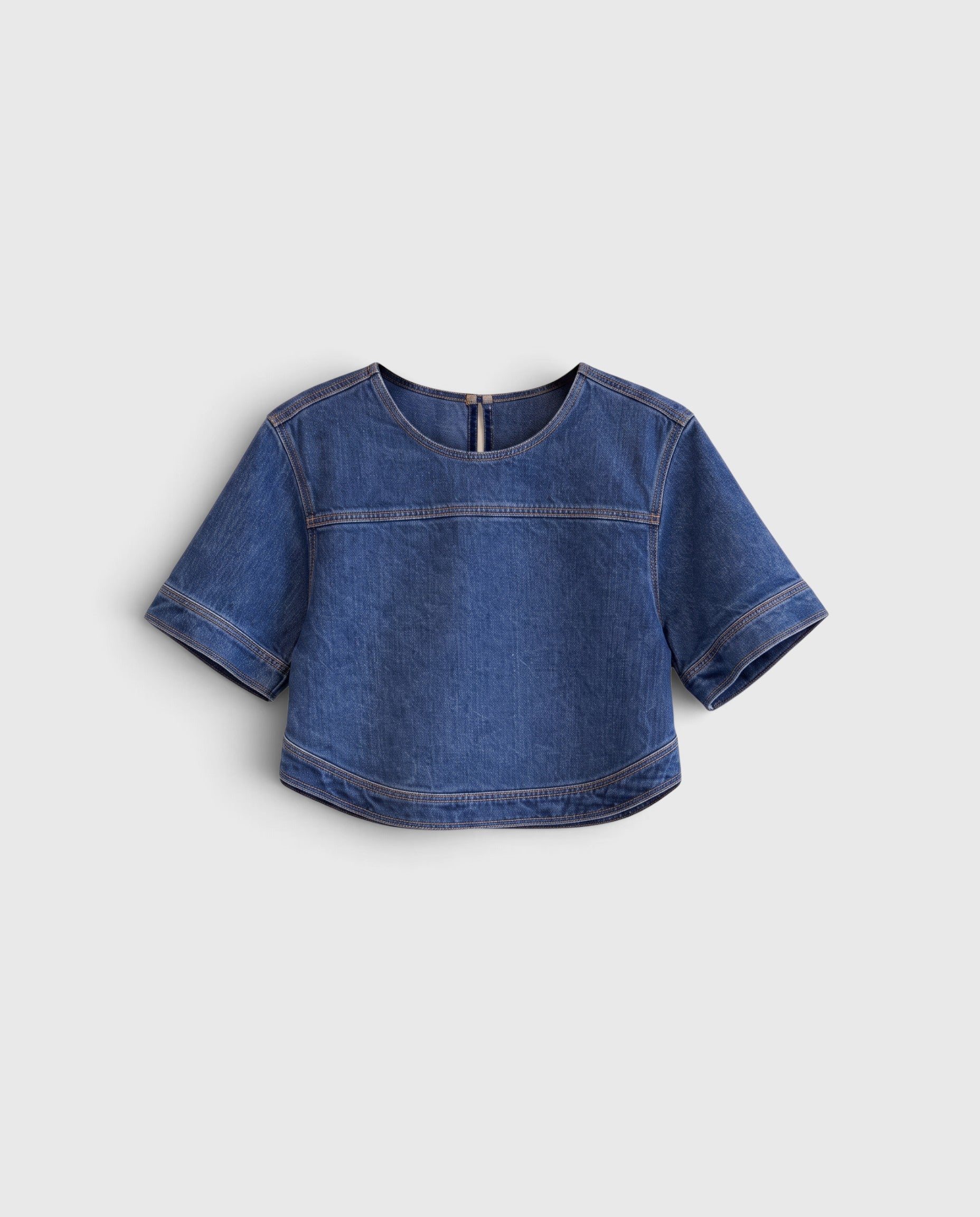 JONES + CO Fort Top in muddy indigo Sonoma denim with a boxy silhouette, short sleeves, and back keyhole opening.