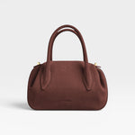 JONES + CO Muscat brown suede mini duffle bag with top handles and gold hardware details