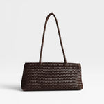 JONES + CO Naomi Bag in espresso brown handwoven leather with braided straps and zip closure.