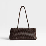 JONES + CO Naomi Bag in espresso brown handwoven leather with braided straps and zip closure.