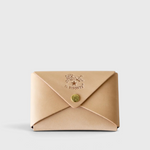 JONES + CO natural vegetable-tanned cowhide Sovana card case with envelope closure and brass snap button.