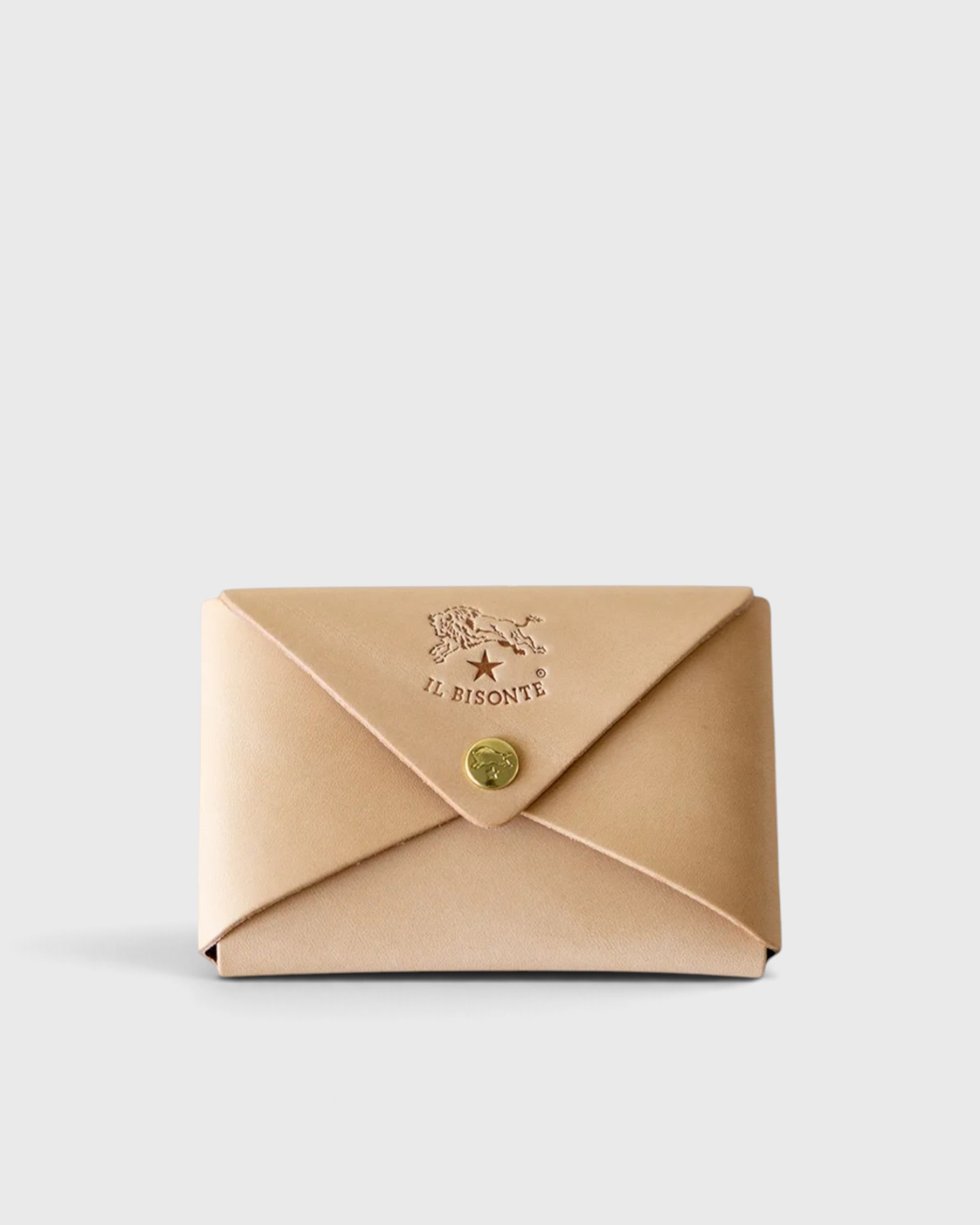 JONES + CO natural vegetable-tanned cowhide Sovana card case with envelope closure and brass snap button.