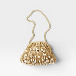 JONES + CO natural raffia crochet mini clutch bag with shell embellishments and gold chain strap.