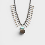 JONES + CO Navajo Squash Blossom Necklace with sterling silver, turquoise, and a 1921 US dollar coin.
